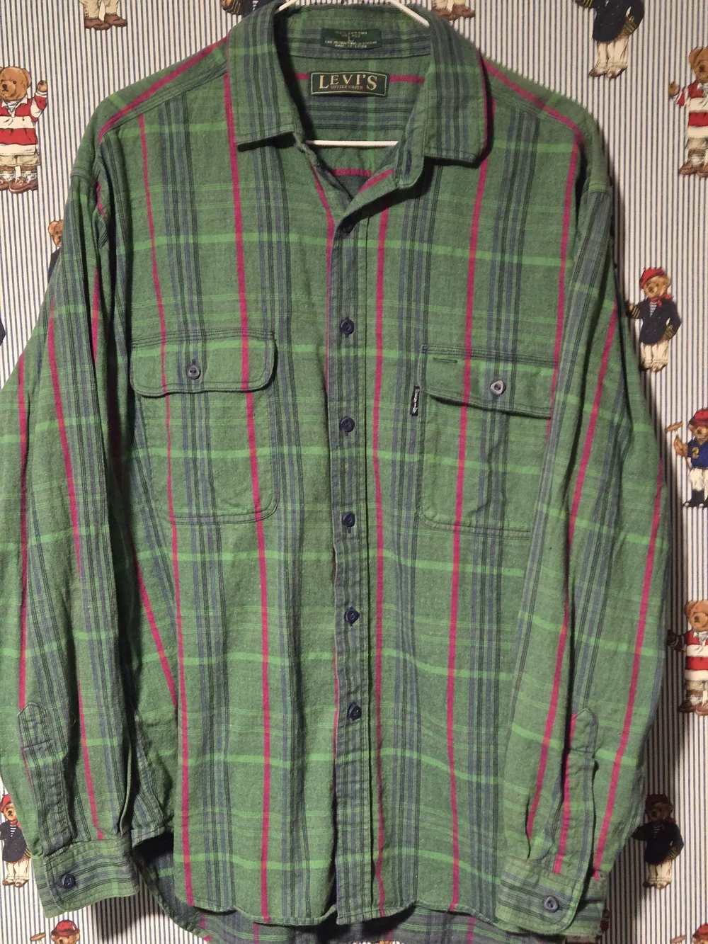 Vintage 90s Levi's Green Pink Plaid Flannel Button-Up Shirt Large